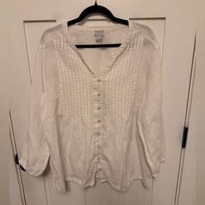 Chicos Linen Blend Long Sleeve Pin Tuck Top White Plus Size 4 US 20/22 Blouse